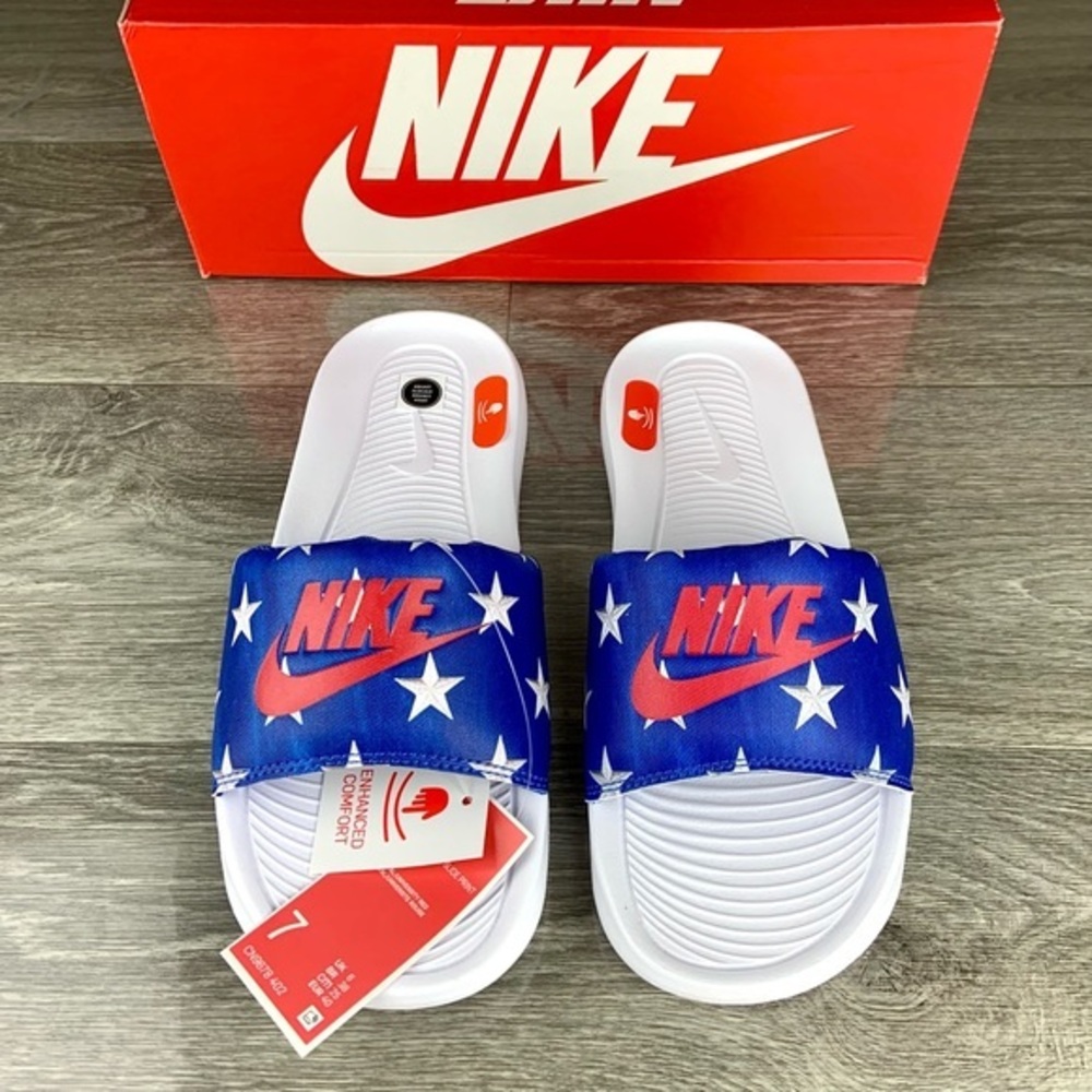 Red White Blue Patriotic USA Nike Star Print Slides,Mens 7, Womens 8.5